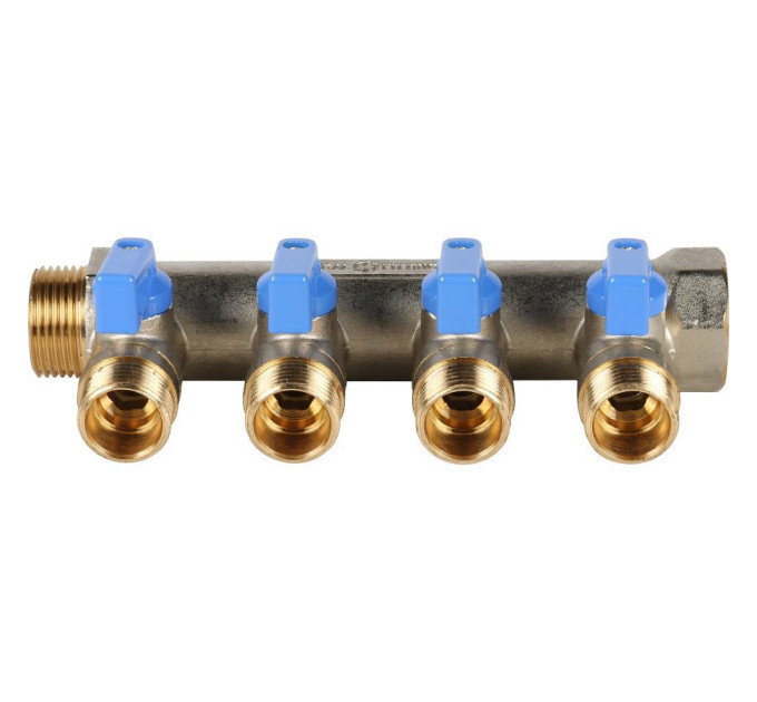 Stout Коллектор с шаровыми кранами 3/4", 4 отвода 1/2" (синие ручки)