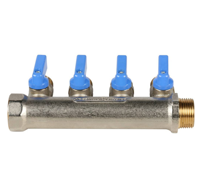 Stout Коллектор с шаровыми кранами 3/4", 4 отвода 1/2" (синие ручки)