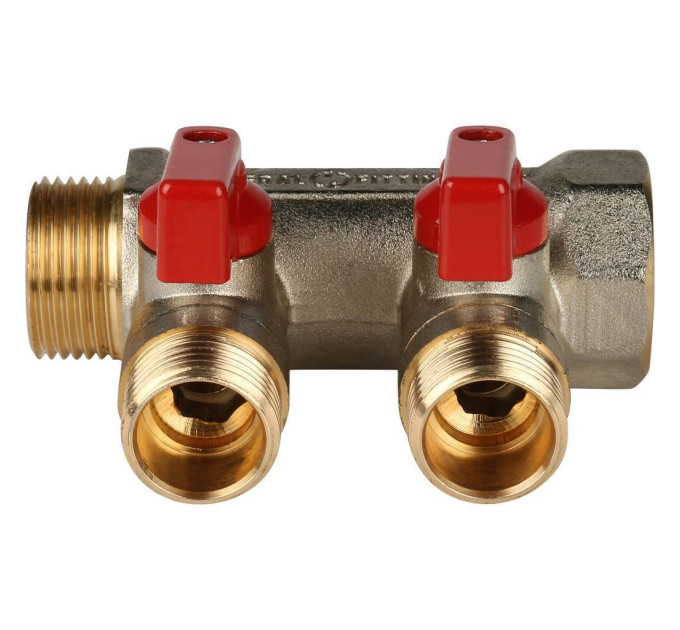 Stout Коллектор с шаровыми кранами 3/4", 2 отвода 1/2" (красные ручки)